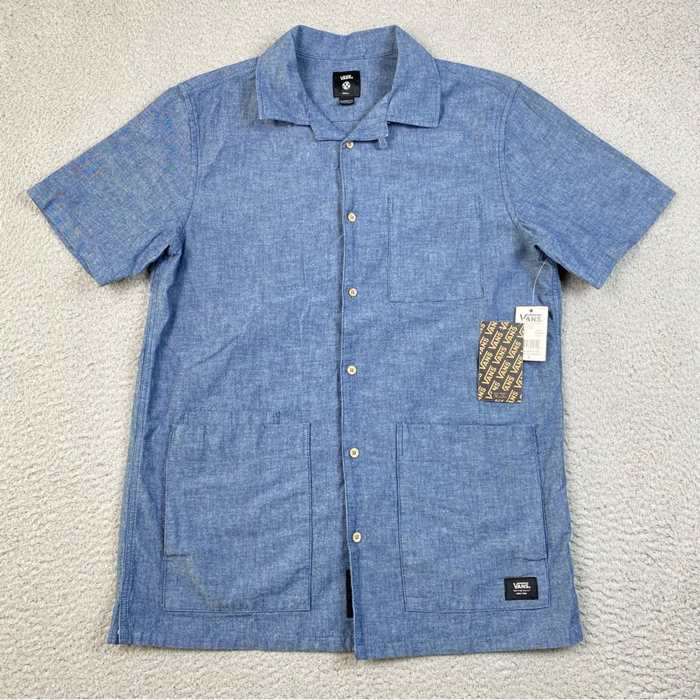 NWT Vans Men's Size S Blue Chambray Loop Collar Button Up Chore Shirt Small Camp
